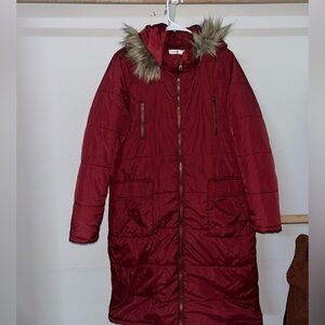 JustFab Red Puffer Jacket with Faux Fur Hood
